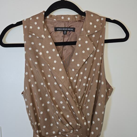 Jones Wear Polka Dot Pleated Knee Length Dress SZ 10 Tan Classic Preppy Casual - Picture 2 of 10